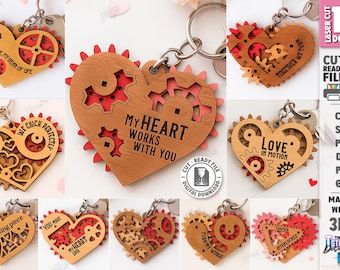 May include: A collection of laser-cut wooden heart-shaped keychains with gear designs and various phrases like "My Heart Works With You" and "Love in Motion." The keychains are in shades of brown and red.