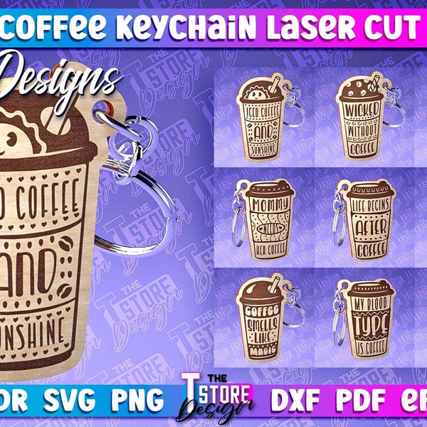 Coffee Keychain Laser Cut Bundle  | Coffee Cup Keychain Laser Cut SVG Bundle | Coffee Quotes Engraving v.1