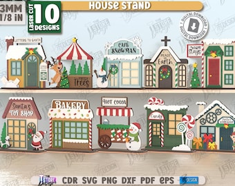 3d Christmas house stand laser cut bundle, Xmas house shelf sitter, Christmas scene house, winter wonderland miniature houses svg, elf svg