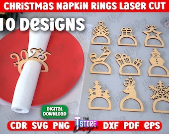 Puede incluir: Diez diseños de anillos para servilletas de Navidad cortados con láser. Los diseños incluyen un árbol de Navidad, un muñeco de nieve, un reno, un copo de nieve, una caja de regalo, un bastón de caramelo, una estrella y un diseño de 2023. Los anillos son de madera y están listos para usar en el entretenimiento navideño.