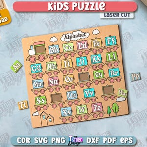 May include: Wooden alphabet puzzle with train cars, each displaying a letter. The puzzle includes removable letter pieces and the text "KIDS PUZZLE" and "Alphabet". A digital download icon is visible.