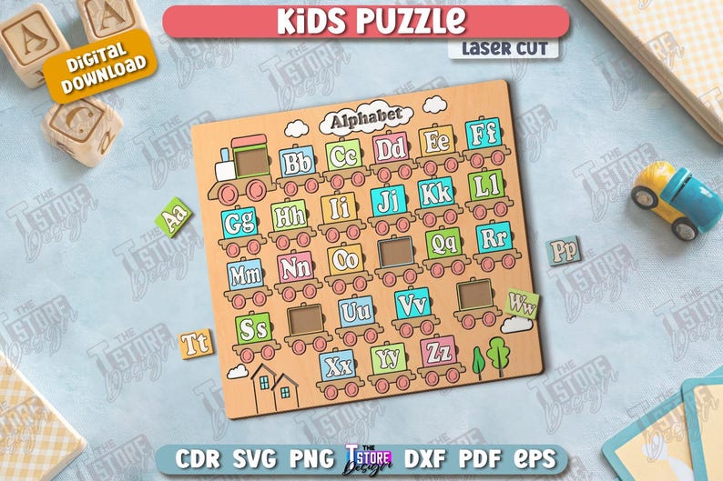 May include: Wooden alphabet puzzle with train cars, each displaying a letter. The puzzle includes removable letter pieces and the text "KIDS PUZZLE" and "Alphabet". A digital download icon is visible.