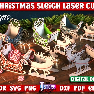 Lot de Père Noël en traîneau de Noël découpé au laser | Porte-bonbons de Noël découpé au laser | ornements de traîneau de père Noël | Décoration de Noël Bonbonnière