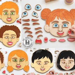 May include: A set of laser cut wooden face puzzles featuring 10 designs with interchangeable facial features like eyes, eyebrows, and mouths. The digital file includes CDR, SVG, PNG, DXF, PDF, and EPS formats for various material thicknesses.