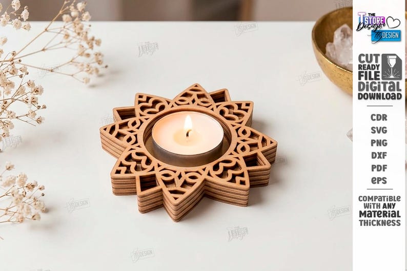 May include: A light brown wooden tea light candle holder with a star-shaped, laser-cut geometric pattern. The holder features a central circular opening containing a lit white tea light candle. Text on the right reads: CUT READY FILE DIGITAL DOWNLOAD CDR SVG PNG DXF PDF EPS COMPATIBLE WITH ANY MATERIAL THICKNESS.