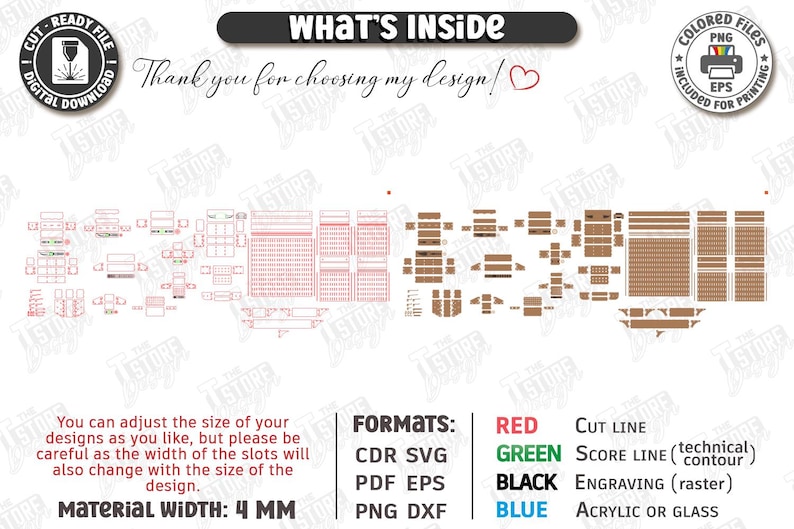 May include: Digital cut file design with various shapes and layouts, including text that reads "WHAT'S INSIDE" and "Thank you for choosing my design!" The design includes cut lines, score lines, and engraving details. Material width is 4 mm.