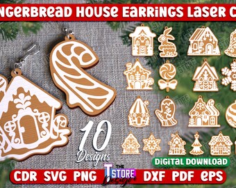Gingerbread House Christmas Earrings Laser Cut, Christmas earrings, Wooden Xmas earrings laser cut, Christmas engraved jewelry laser cut v.2