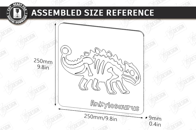 K&ouml;nnte beinhalten: Schwarz-wei&szlig;e Strichzeichnung eines Ankylosaurus-Skeletts. Das Design befindet sich auf einem Quadrat mit einer Breite und H&ouml;he von 250 mm und einer Dicke von 9 mm. Der Text "Assembled Size Reference" steht oben. Die Ma&szlig;e sind auch in Zoll angegeben.