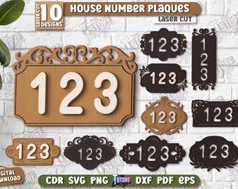 Hausnummernschild, Lasercut Bundle, 5 Holzscheiben, Adressschilder, Hausnummern, Holzschild, Adresse, Zeichen für Drinnen, Drinnen, Draussen