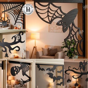 Könnte beinhalten: Eine Sammlung von 10 schwarzen, lasergeschnittenen Eckdekorationen für Halloween mit Motiven wie Spinnennetzen, Geistern, Skeletten, Fledermäusen und Katzen. Digitale Dateien für eine Materialstärke von 3mm.