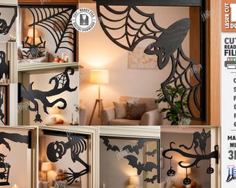 May include: A collection of 10 black laser-cut corner decorations for Halloween, featuring designs like spider webs, ghosts, skeletons, bats, and cats. These digital files are compatible with 3mm material thickness for cutting machines.