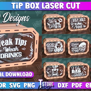Pode incluir: Dez designs diferentes para caixas de gorjeta cortadas a laser. Os designs apresentam ditos e frases engraçadas, como "Weak Tips Weak Drinks", "You Can't Kiss Me But You Can Tip Me", "I Know The Owner Too", e "Tips Are Like Hugs Without The Touching".