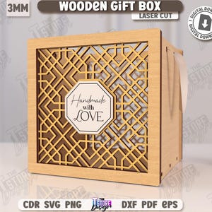 May include: A laser-cut wooden gift box with a geometric design. The box features a decorative lattice pattern and a label that reads "Handmade with LOVE." The box is light brown and has a ribbon. The text "WOODEN GIFT BOX" is at the top.