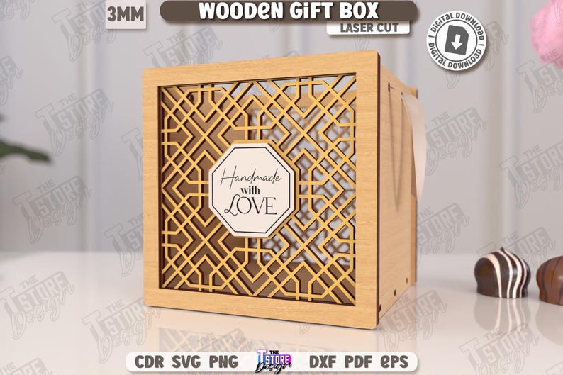 May include: A laser-cut wooden gift box with a geometric design. The box features a decorative lattice pattern and a label that reads "Handmade with LOVE." The box is light brown and has a ribbon. The text "WOODEN GIFT BOX" is at the top.