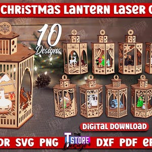Paquete de faroles navideños cortados con láser, faroles navideños 3D SVG, faroles navideños cortados con láser, portavelas navideños SVG, luz navideña, Papá Noel