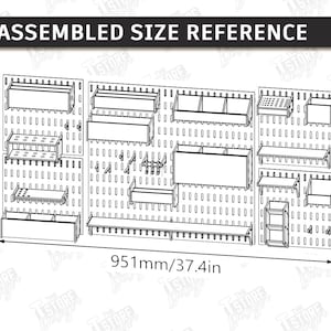May include: Line drawing of an assembled pegboard system with various shelves and tool holders. The dimensions are 18.5 inches high, 37.4 inches wide, and 3.4 inches deep. Text at the top reads "ASSEMBLED SIZE REFERENCE".