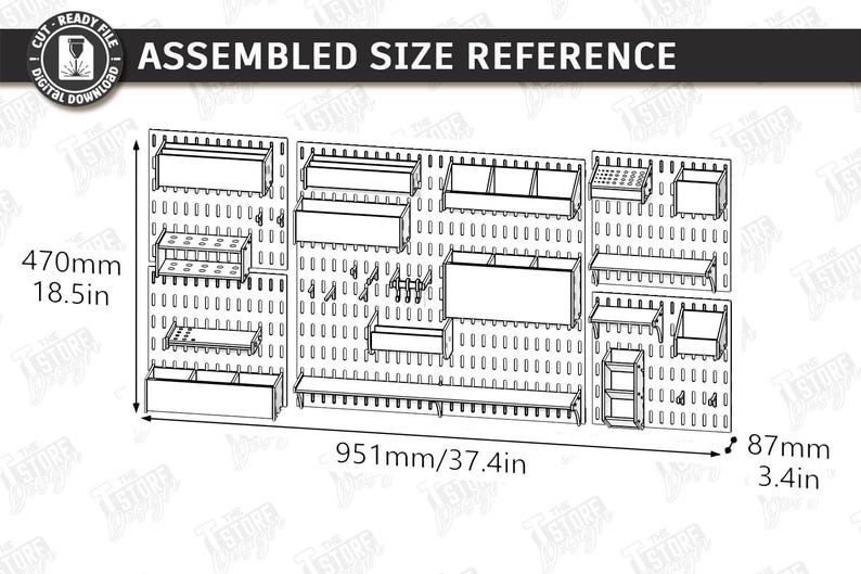 May include: Line drawing of an assembled pegboard system with various shelves and tool holders. The dimensions are 18.5 inches high, 37.4 inches wide, and 3.4 inches deep. Text at the top reads "ASSEMBLED SIZE REFERENCE".