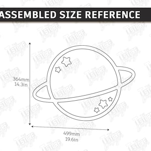 May include: Line drawing of a planet with rings and stars, labeled with dimensions. The planet is 19.6 inches wide and 14.3 inches tall. The text "ASSEMBLED SIZE REFERENCE" is at the top.