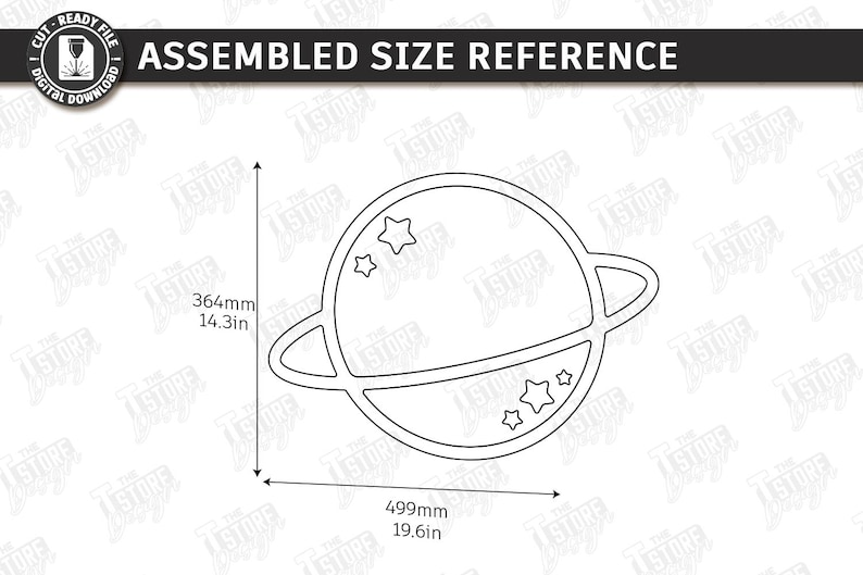 May include: Line drawing of a planet with rings and stars, labeled with dimensions. The planet is 19.6 inches wide and 14.3 inches tall. The text "ASSEMBLED SIZE REFERENCE" is at the top.