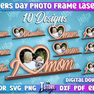Mother&#39;s Day Photo Frame Stand | Standing Heart Shape Photo Frame | Mother&#39;s Day Photo Frame Lasecut SVG | 3D Mom Photo Frame SVG Design