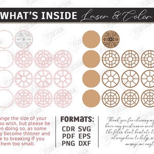May include: Digital design elements for laser cutting, featuring various circular shapes with intricate patterns. Includes text "WHAT'S INSIDE Laser & Color" and file format information. The design is cut-ready and includes colored files.