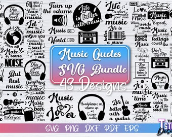 May include: A collection of 43 music-themed SVG designs, featuring quotes about music, musical instruments, and music lovers. The designs are in black and white and are perfect for creating crafts, t-shirts, and other projects.