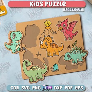 May include: Wooden kids puzzle featuring colorful dinosaur cutouts. The puzzle has a light brown base with cutouts for each dinosaur. The dinosaurs are various colors, including green, orange, and red. The puzzle is labeled "Kids Puzzle".