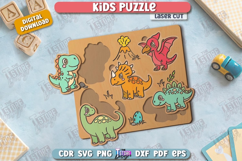 May include: Wooden kids puzzle featuring colorful dinosaur cutouts. The puzzle has a light brown base with cutouts for each dinosaur. The dinosaurs are various colors, including green, orange, and red. The puzzle is labeled "Kids Puzzle".