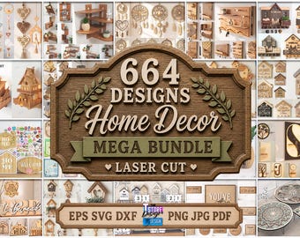 664 Home Decor Laser Cut Mega Bundle, Wall Decor SVG, Wooden Organizer Boxes, Nightlight DXF, Family Photo Frames, Home Signs, Jewelry Stand