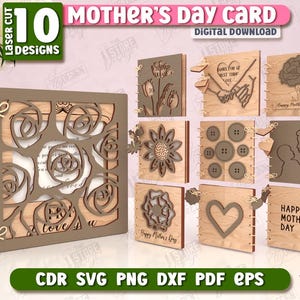 Paquete de tarjetas plegables cortadas a láser para el Día de la Madre, regalo para mamá, tarjeta de felicitación SVG, tarjeta personalizada de madera para el Día de la Madre, tarjeta de felicitación de madera