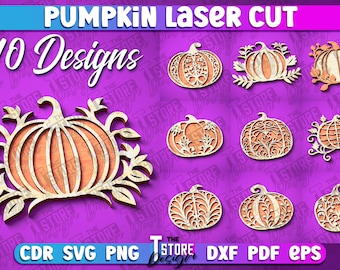 May include: Ten digital cut files of pumpkins with intricate designs. The designs include pumpkins with leaves, swirls, and geometric patterns. The files are available in CDR, SVG, PNG, DXF, PDF, and EPS formats.