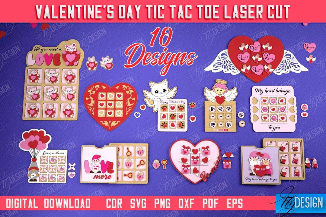 Valentines Day Tic Tac Toe Laser Cut Bundle, Tic Tac Heart SVG ...
