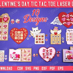 Valentijnsdag Tic Tac Toe lasergesneden bundel, boter-kaas-en-eieren SVG, Valentine Tic Tac Toe-bestand, paar spel SVG, boter-kaas-en-eieren 3D-sets, bordspel