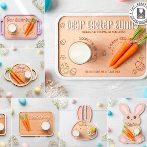 Puede incluir: Una colección de bandejas y decoraciones de madera con temática de Pascua. Los diseños incluyen zanahorias, huevos y formas de conejos, con texto que dice "Querido Conejito de Pascua" y "¡Una bebida para ti, un dulce también!"