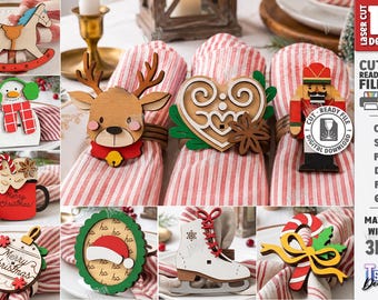 Christmas Napkin Rings SVG - Laser Cut Christmas Table Decor - Wooden Holiday Napkin Holder Bundle - Christmas Dinner Decor svg