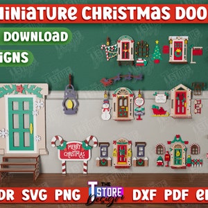 Op de afbeelding: Een digitale download van 10 miniatuur kerstdeurontwerpen. De ontwerpen omvatten een verscheidenheid aan stijlen, zoals een traditionele rode deur met een krans, een groene deur met een peperkoekman en een blauwe deur met een sneeuwpop. De ontwerpen zijn perfect om unieke kerstdecoraties te maken.