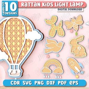 Puede incluir: Un conjunto de 10 diseños de descarga digital para una lámpara infantil de ratán. Los diseños incluyen un globo aerostático, un pájaro, un conejo, una flor, un arcoíris, un cohete, una concha, una abeja, una nube y un animal de globo. Los diseños son de color marrón claro con detalles blancos.
