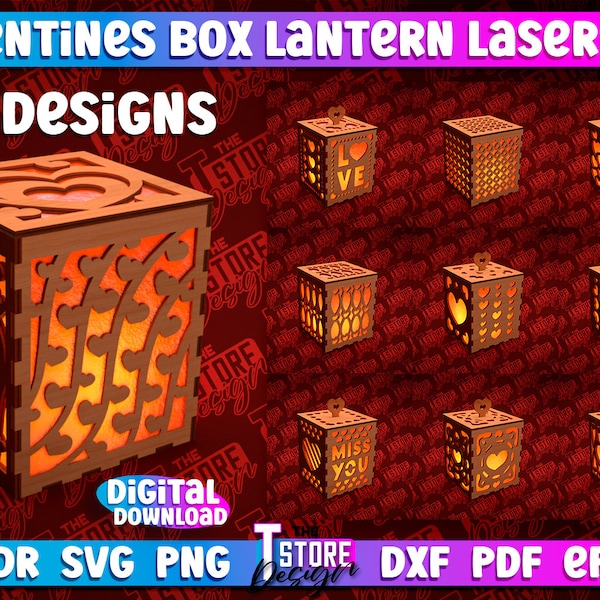 Valentine's Day Box Lantern , Valentines Box Lantern Laser Cut Crafts, Wood Lamp SVG, Night Light Love Design, Valentine's Day Lantern