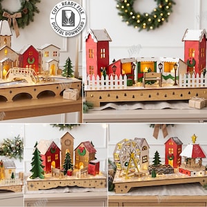 Op de afbeelding: Een collectie van vijf lasergesneden houten kerstdorpen met miniatuurhuizen, kerken en een reuzenrad. De bouwwerken zijn geschilderd in rood, groen en wit, verlicht door interne lampjes en ontworpen voor materiaal van 3mm dik.
