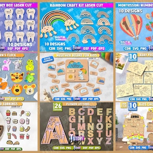 May include: A collection of laser-cut wooden craft kits, including a tooth fairy money box, rainbow kit, Montessori number puzzle, children's clock, weather board, baby photo albums, food stud earrings, flower letters, and kids' chore chart.