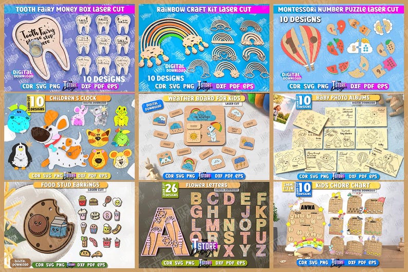 May include: A collection of laser-cut wooden craft kits, including a tooth fairy money box, rainbow kit, Montessori number puzzle, children's clock, weather board, baby photo albums, food stud earrings, flower letters, and kids' chore chart.