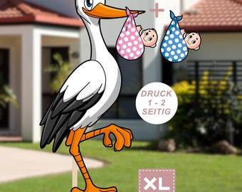 Ooievaar voor de geboorte, XL ooievaar inclusief slaapzak met voetjes in roze of blauw, aan 1 of 2 zijden bedrukt.