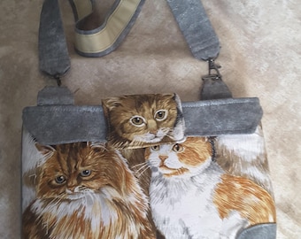 Kitten Print Cotton Tote Bag, Washable Kids Purse, Handmade Cat Bag for Girls