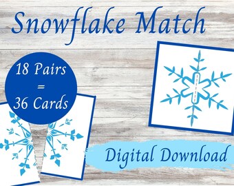 May include: A digital download of a snowflake matching game with 18 pairs of snowflakes, totaling 36 cards. The game features blue and white snowflakes on a white background with a blue border. The text "Snowflake Match" is at the top of the image, and the text "18 Pairs = 36 Cards" is in a blue circle in the lower left corner. The text "Digital Download" is in blue on a light blue background in the lower right corner.