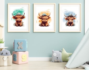 Highland Cow Nursery Art Set | Watercolor Farm Prints (Digital Download)