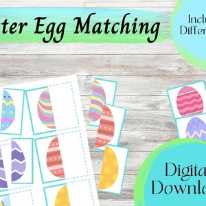May include: Printable Easter egg matching game with two different sets of colorful eggs. The game includes 12 cards with half eggs and 6 cards with whole eggs. Digital download.