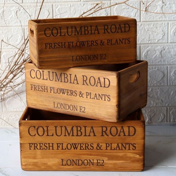 Vintage Style Columbia Road Wooden Crates (Set of 3) Wooden Flower Crate Retro Vintage Crate