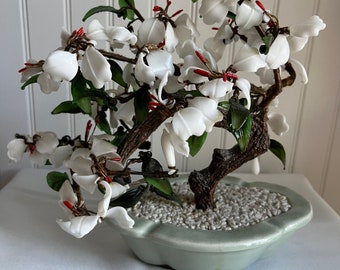 glass bonsai plant, vintage glass azalea flower