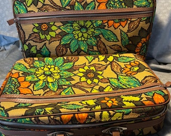 Vintage floral travel suitcase 1970 luggage bag