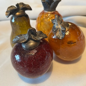 Murano style blown glass fruit set metal 1980 vintage pineapple apple pear decoration centerpiece